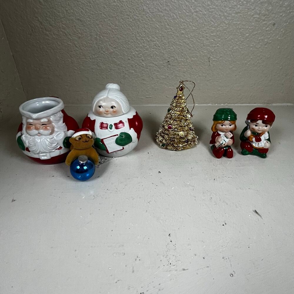 1980’s Avon Christmas items - 2 ornaments - Sugar Bowl & Creamer - salt & pepper